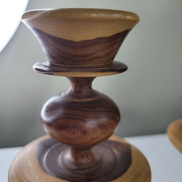 Wooden Candlestick Holders Tapered Solid Grain Two Tone Turned Pair Set 6.5 Inch - Picture 13 of 16